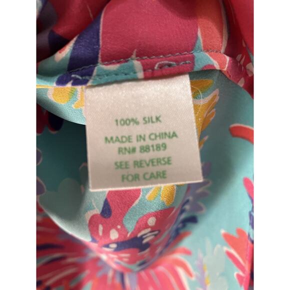 Lilly Pulitzer Trippin and Sippin Elsa Silk Popover Blouse Size M Pink Flowers - Picture 5 of 9